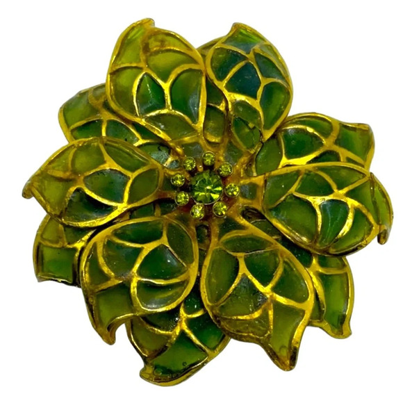 Vintage Large Pliquè a Jour Rhinestone Gold Tone Flower Daisy Magnolia Brooch